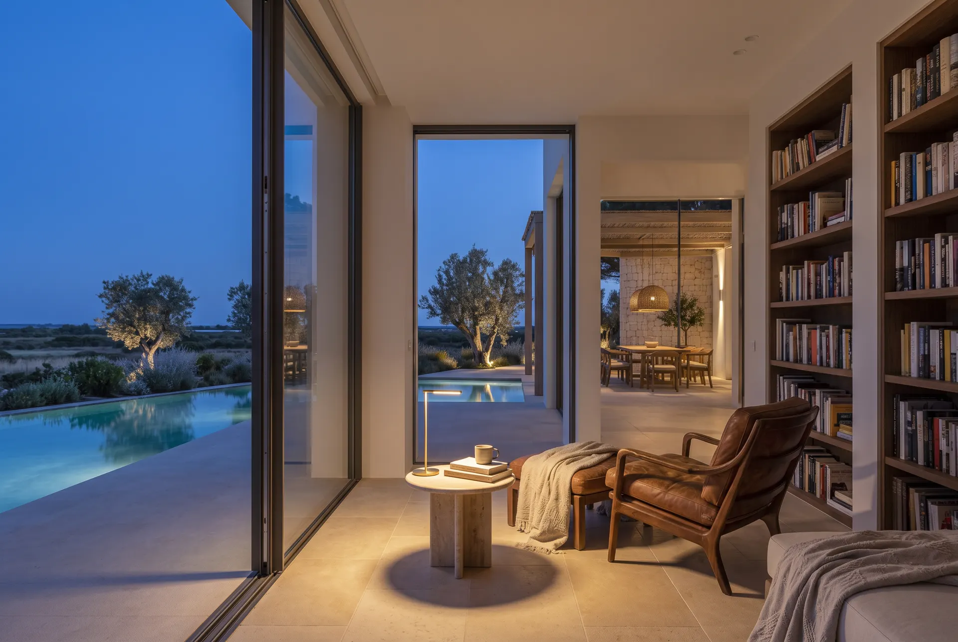Library inside the villa, with oak bookshelves, a leather armchair and a glass wall onto the lit pool at dusk