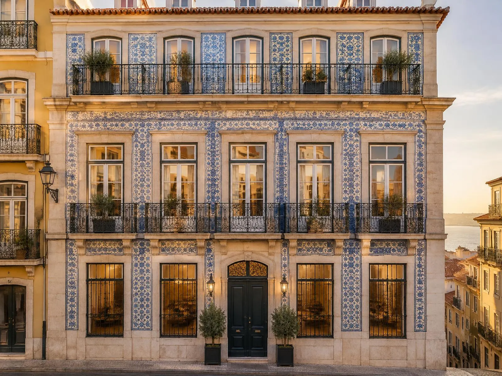 Azulejo-tiled Lisbon townhouse facade with wrought-iron balconies in late afternoon light