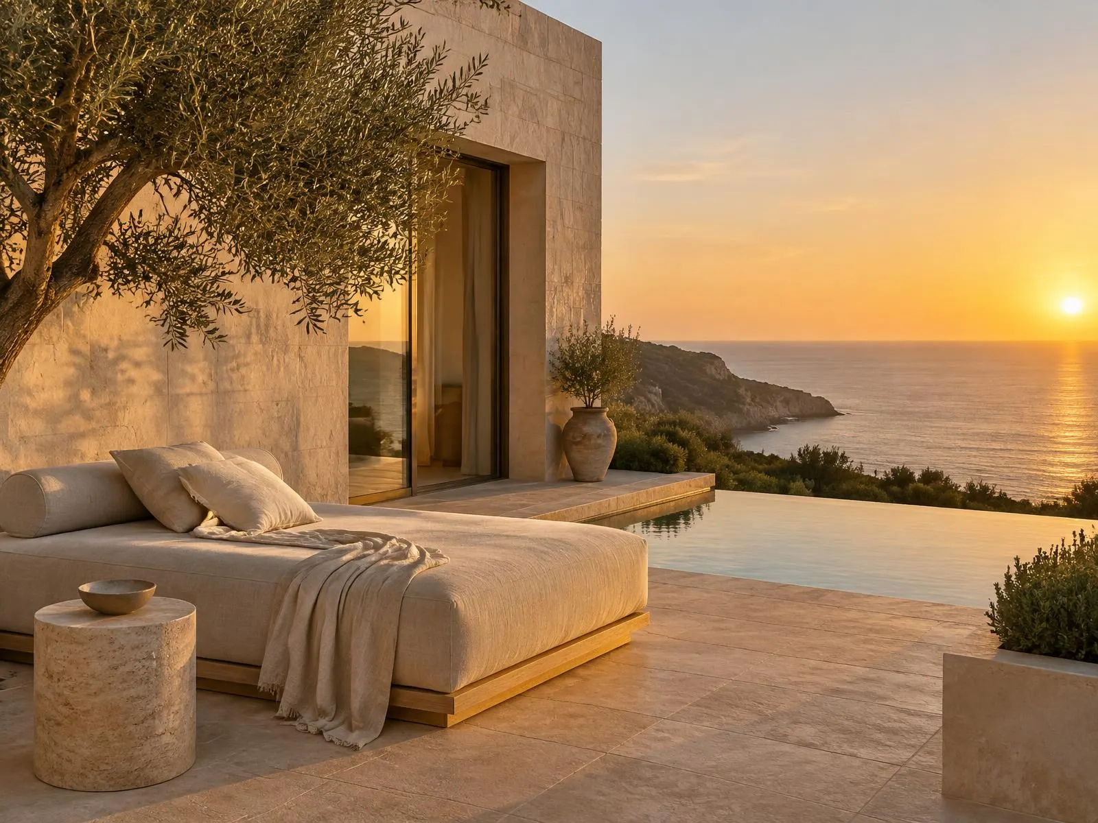 Stone terrace with a linen daybed and infinity pool overlooking the Atlantic at sunset