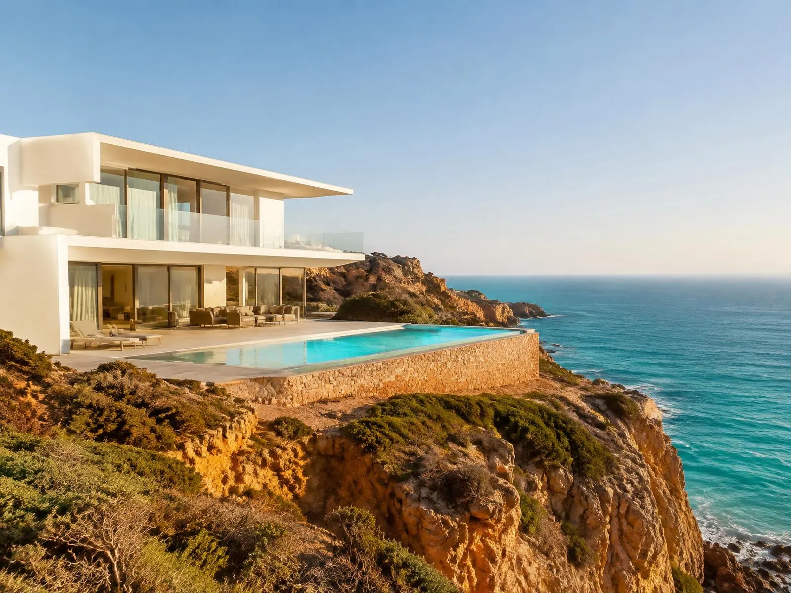 White modernist villa with an infinity pool on the Algarve's ochre cliffs
