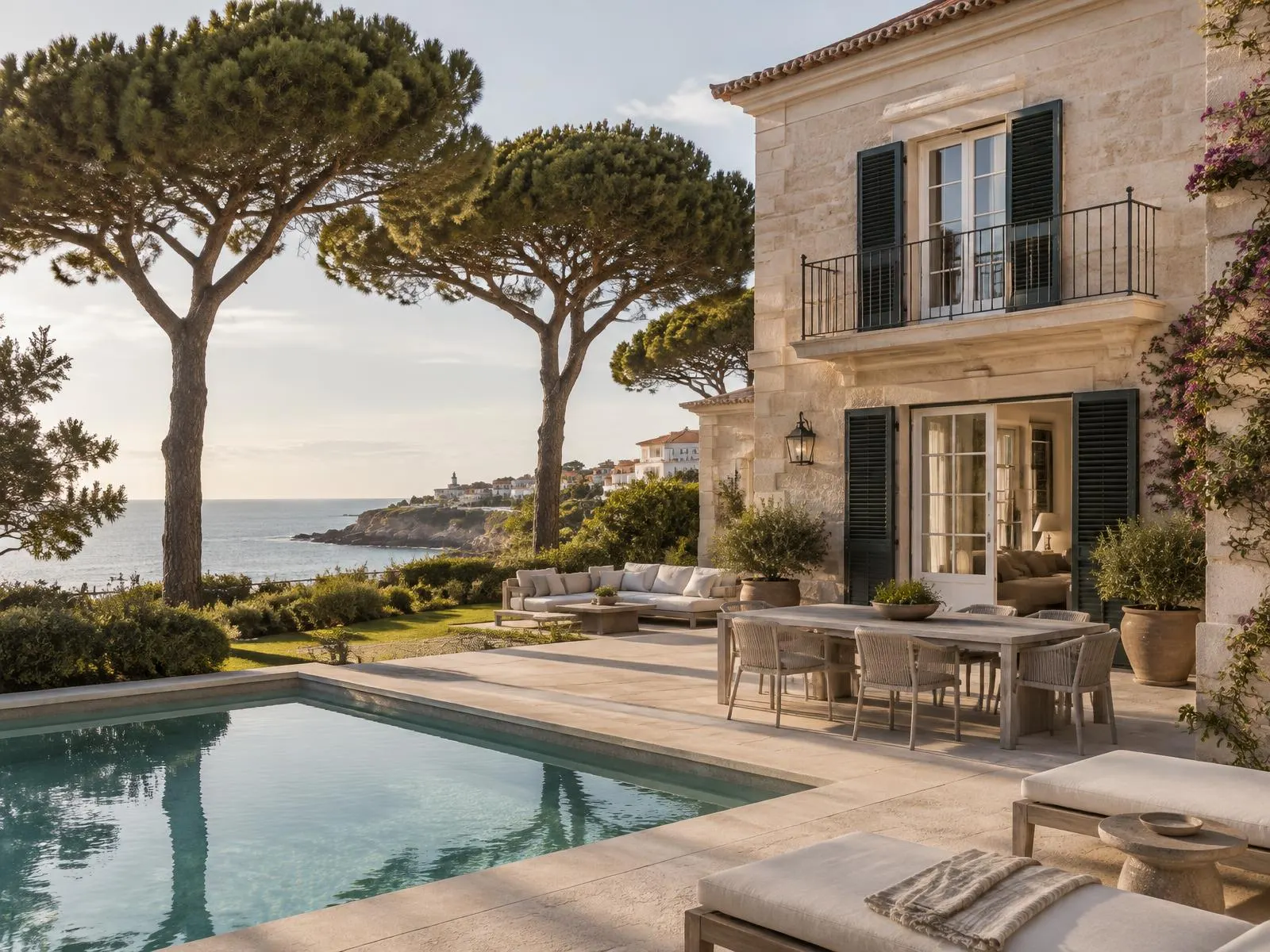 Stone villa with green shutters, umbrella pines and a pool facing the sea in Cascais