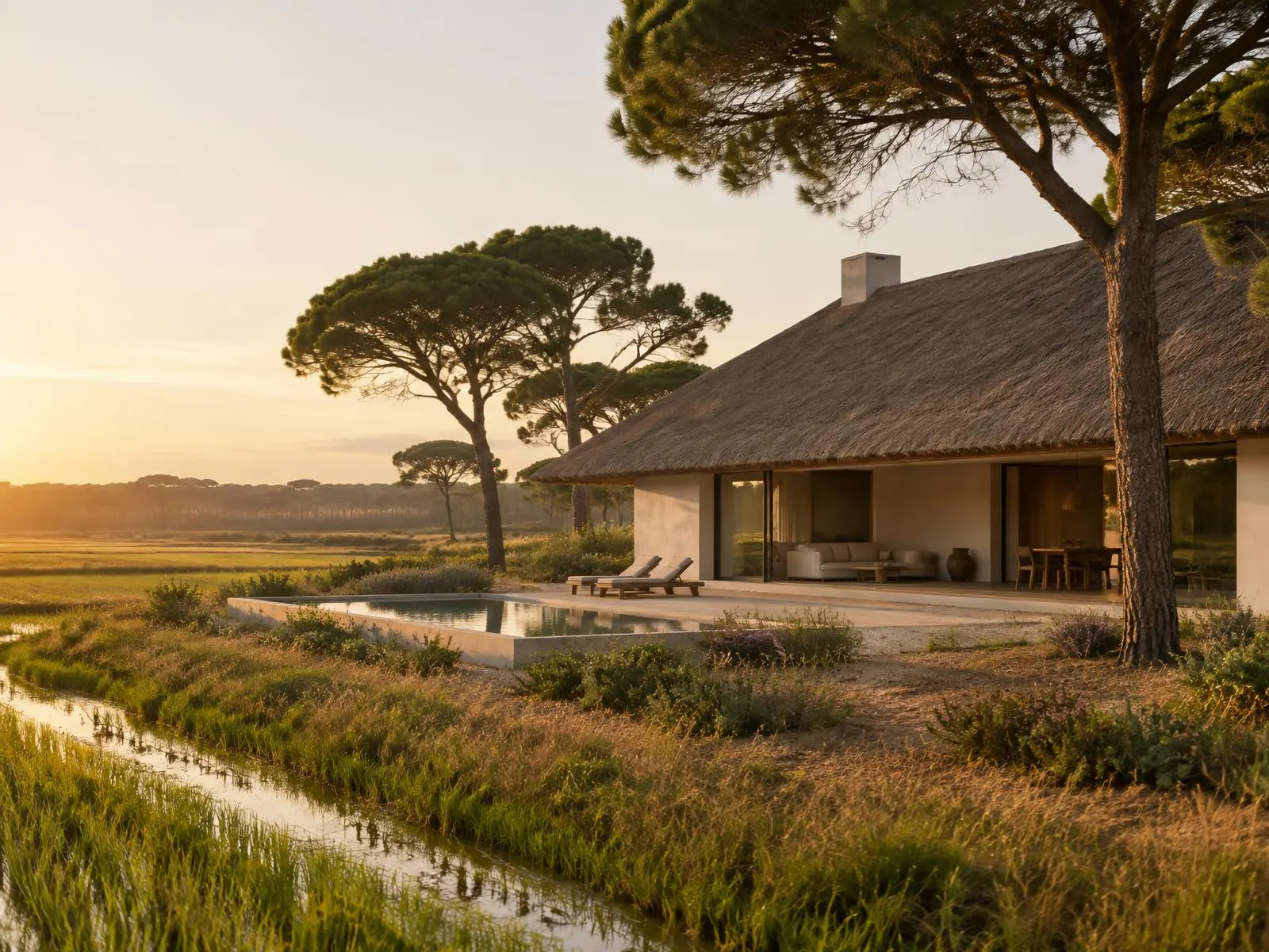 Thatched-roof house among umbrella pines and rice fields in Comporta at golden hour