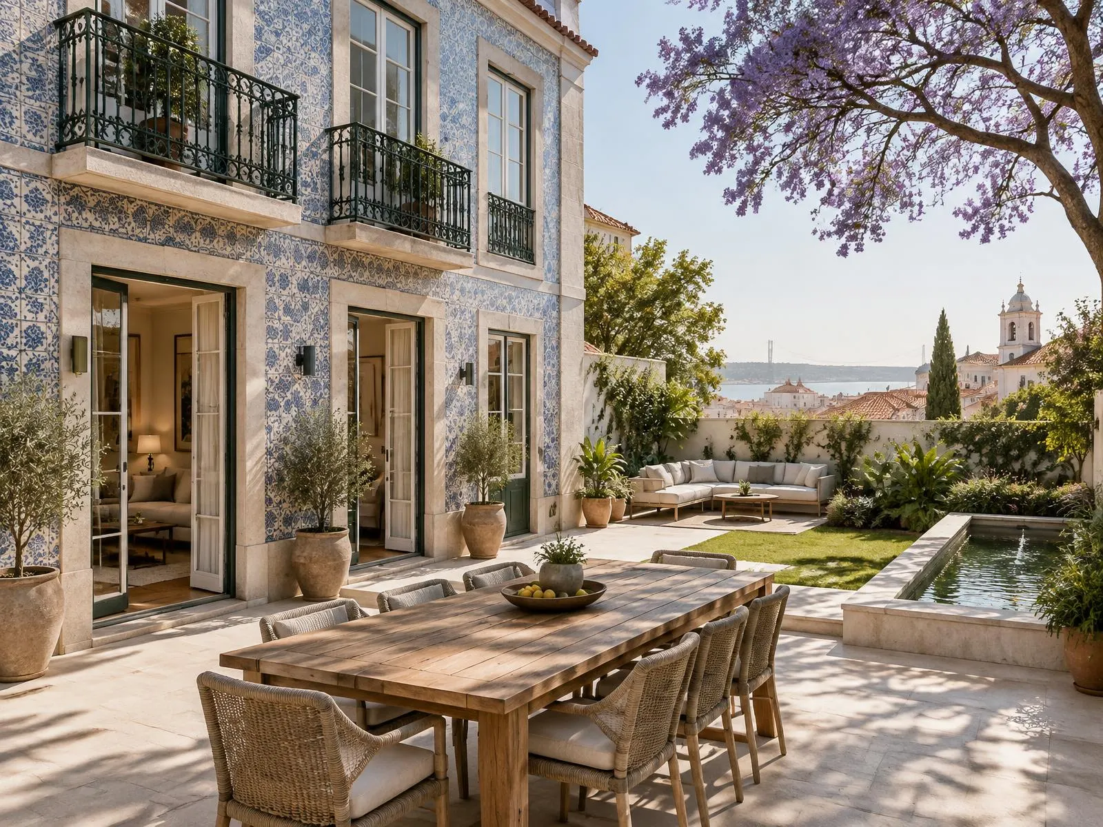 Azulejo-tiled Lisbon house with a garden terrace, dining table and jacaranda tree
