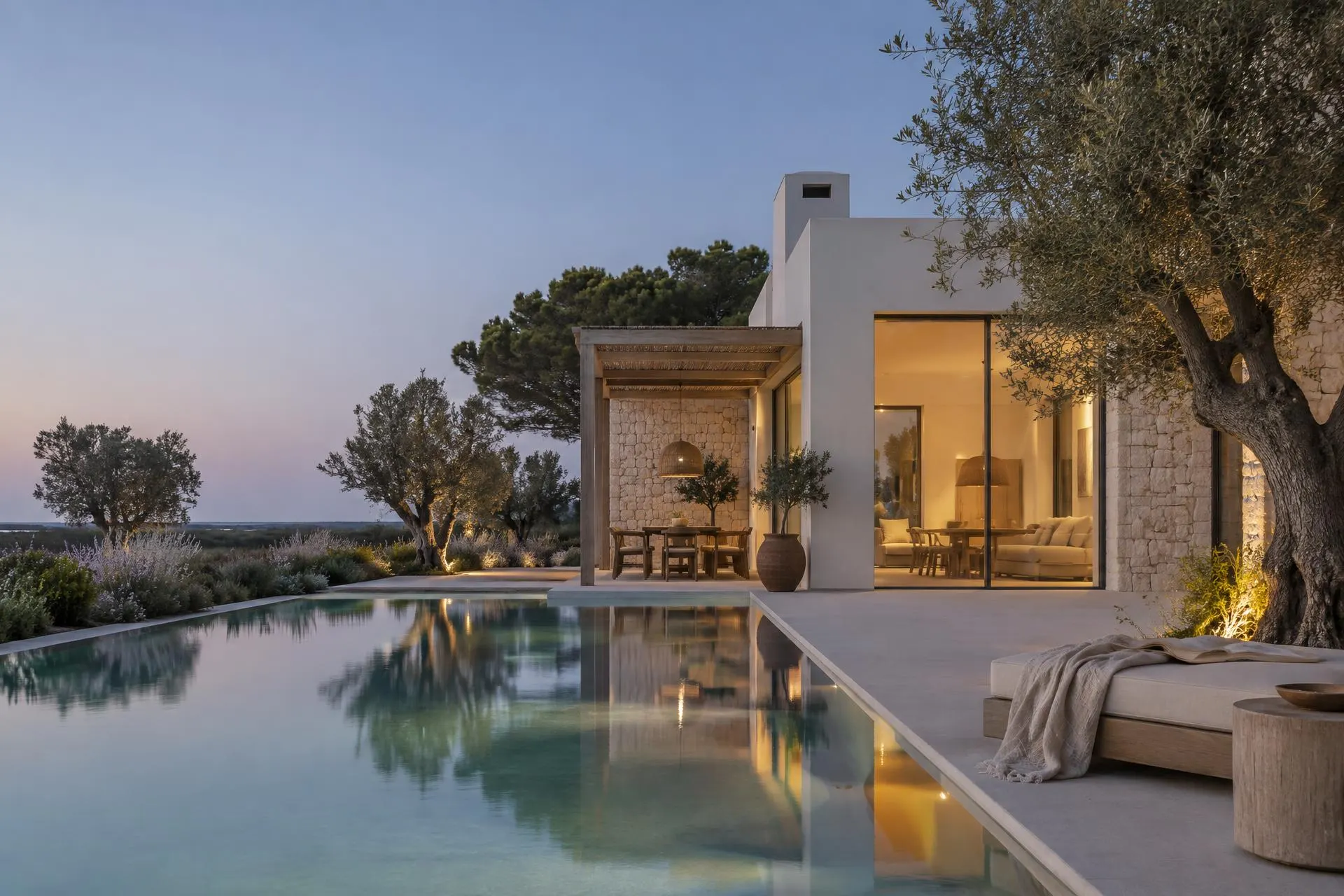 Contemporary limestone villa with an infinity pool and olive trees at blue hour